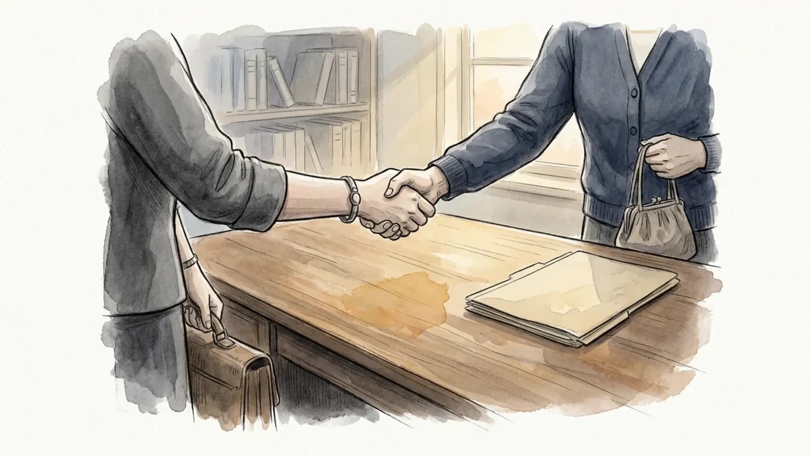يدان تتصافحان عبر مكتب خشبي، ضوء الشمس يضيء المشهد، ملف قانوني مغلق على المكتب
