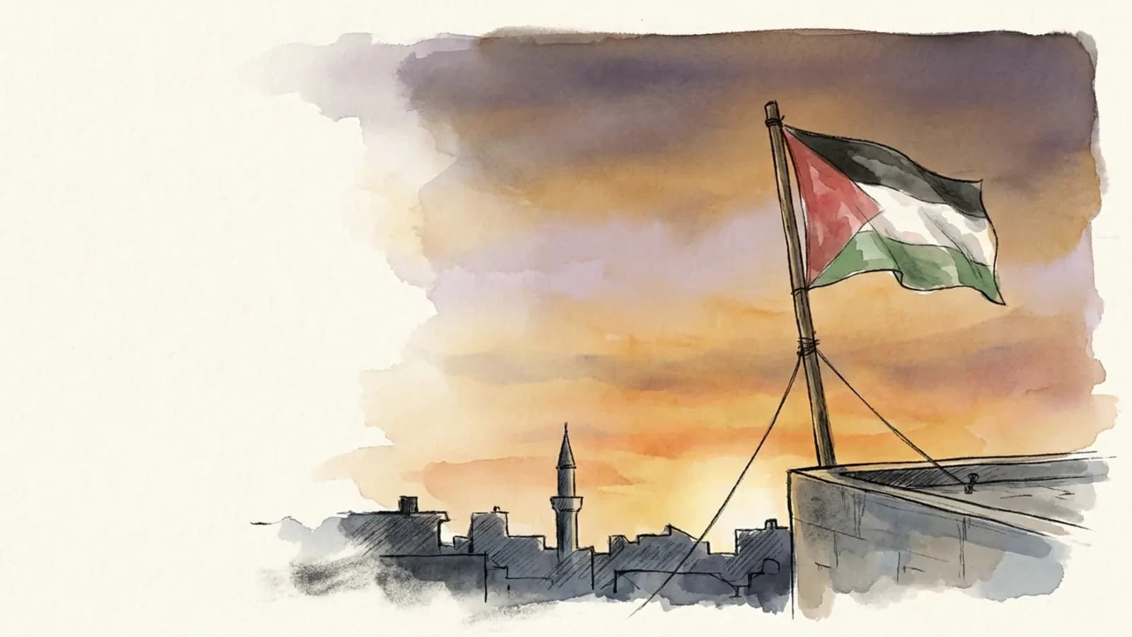 علم فلسطيني يرفرف من عمود خشبي على سطح منزل عند الغروب، والسماء برتقالية وبنفسجية خلفه، وظلال الأسطح والمآذن في الأفق