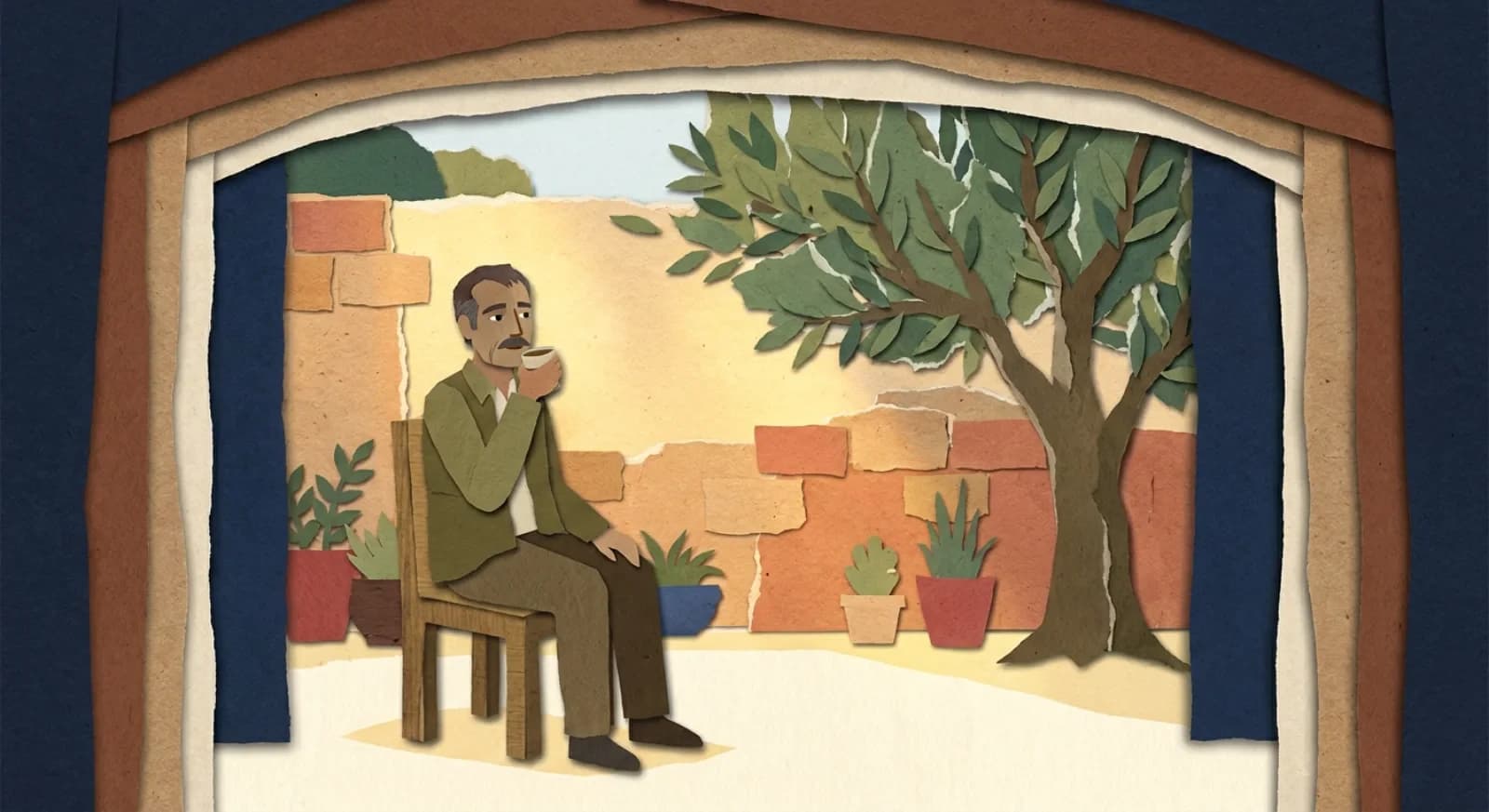أسيد يجلس في حديقته وقد اختفى ظلّ الجدار وشجرة الزيتون