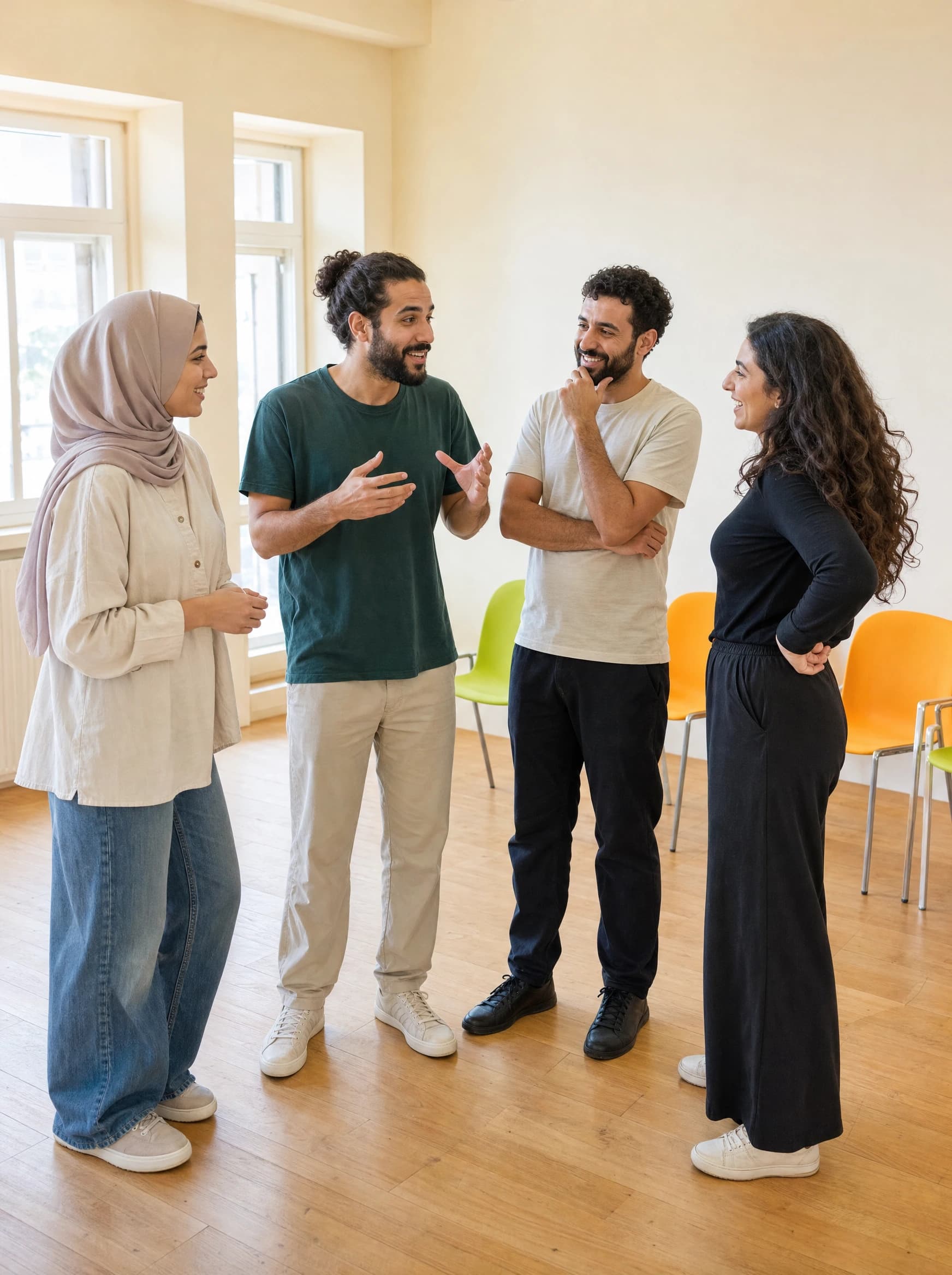 أربعة من الفريق يتحدّثون واقفين في قاعة التمرين