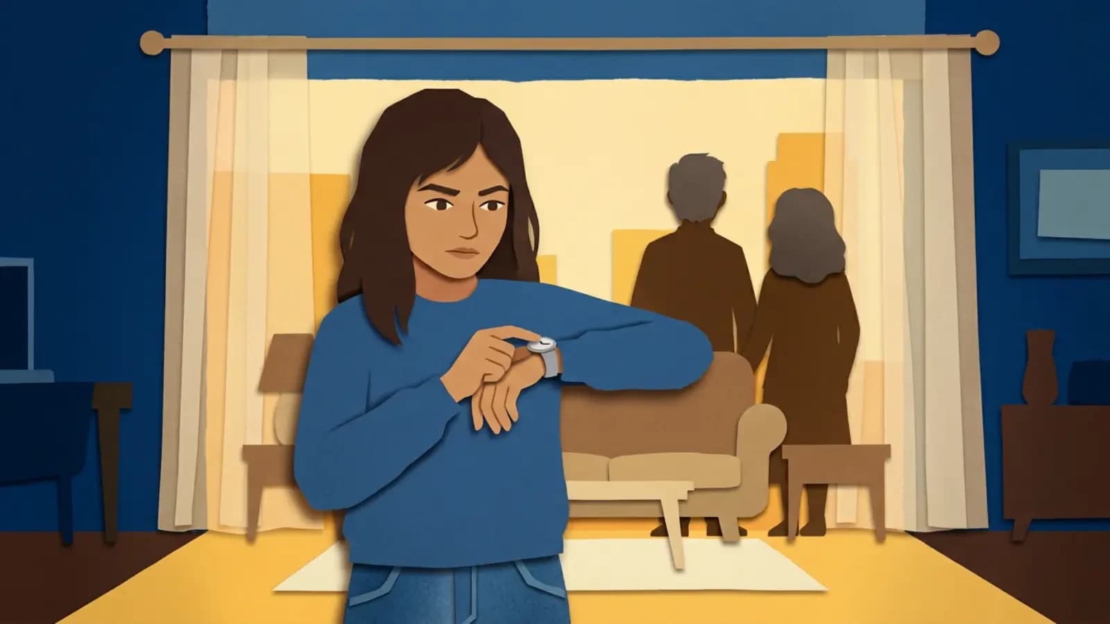 ريتاج تنقل الساعة من يدها اليمنى إلى اليسرى بتركيز بينما والداها يبدآن بالعودة لشبابهما