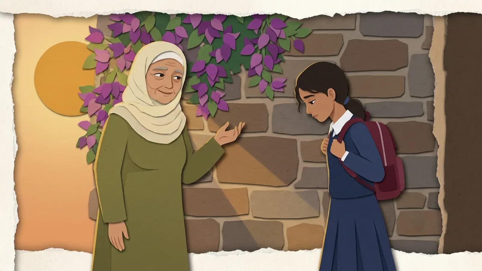 امرأة مسنة تتحدث بحكمة إلى فتاة في زي مدرسي على رصيف هادئ