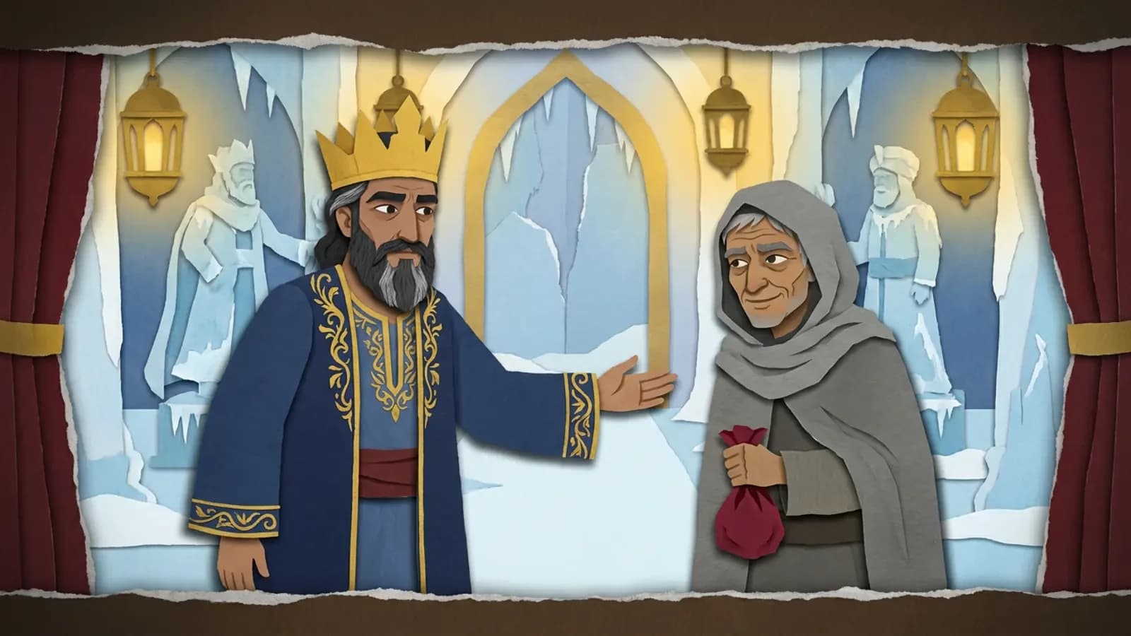 الملك يسأل الرجل الغريب عن الكيس القرمزي