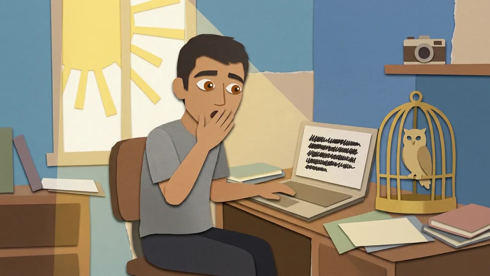 الراوي يجلس أمام مكتبه مصدوماً وهو ينظر إلى شاشة الكمبيوتر المحمول حيث البحث مكتمل، والبومة في قفصها الذهبي بجانبه، وضوء الصباح يملأ الغرفة