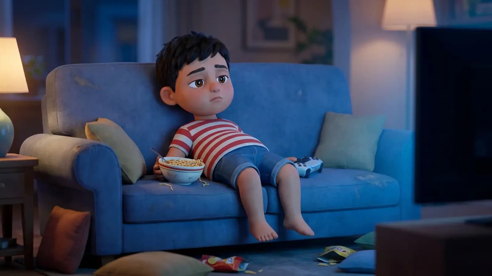 ريان وحده أمام التلفاز في الليل
